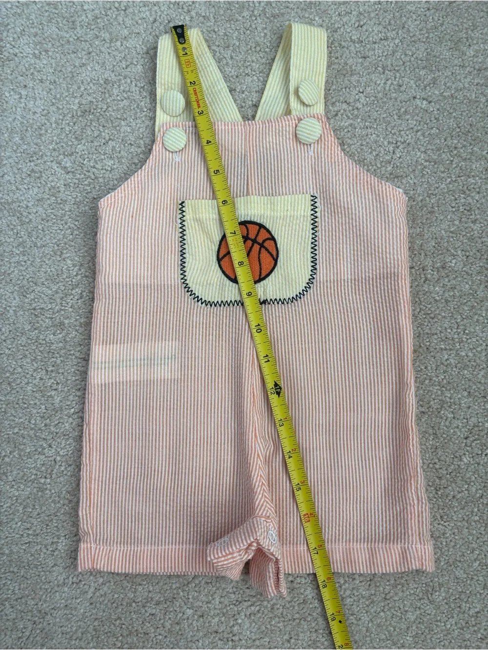 Pair of seersucker basketball themed infant rompers, size 3-6mo